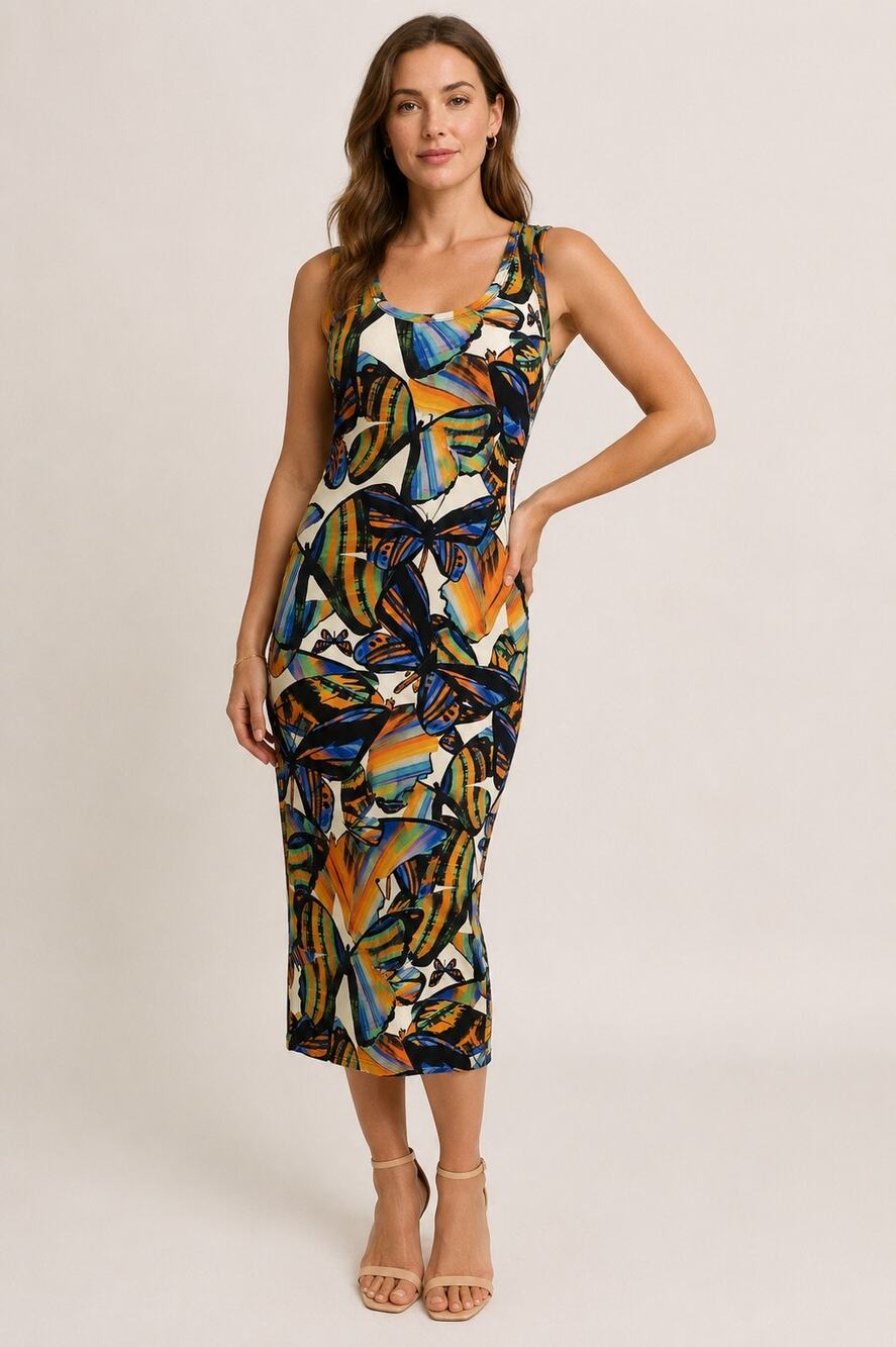 NWT Alba Moda Women’s Size US 10 UK 16R Multicolor Butterfly Midi Tank Dress